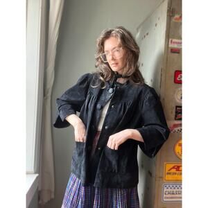 Vintage 90s Suede Jacket | Black Leather Swing Coat | Prairie Western | Size M